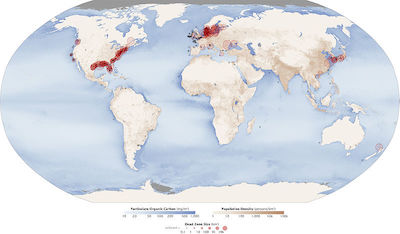 Red circles show the location and size of many dead zones. Black dots show dead zones of unknown size. The size and number of marine dead zones—areas where the deep water is so low in dissolved oxygen that sea creatures can't survive—have grown explosively in the past half-century. – NASA Earth Observator (Wikipedia)